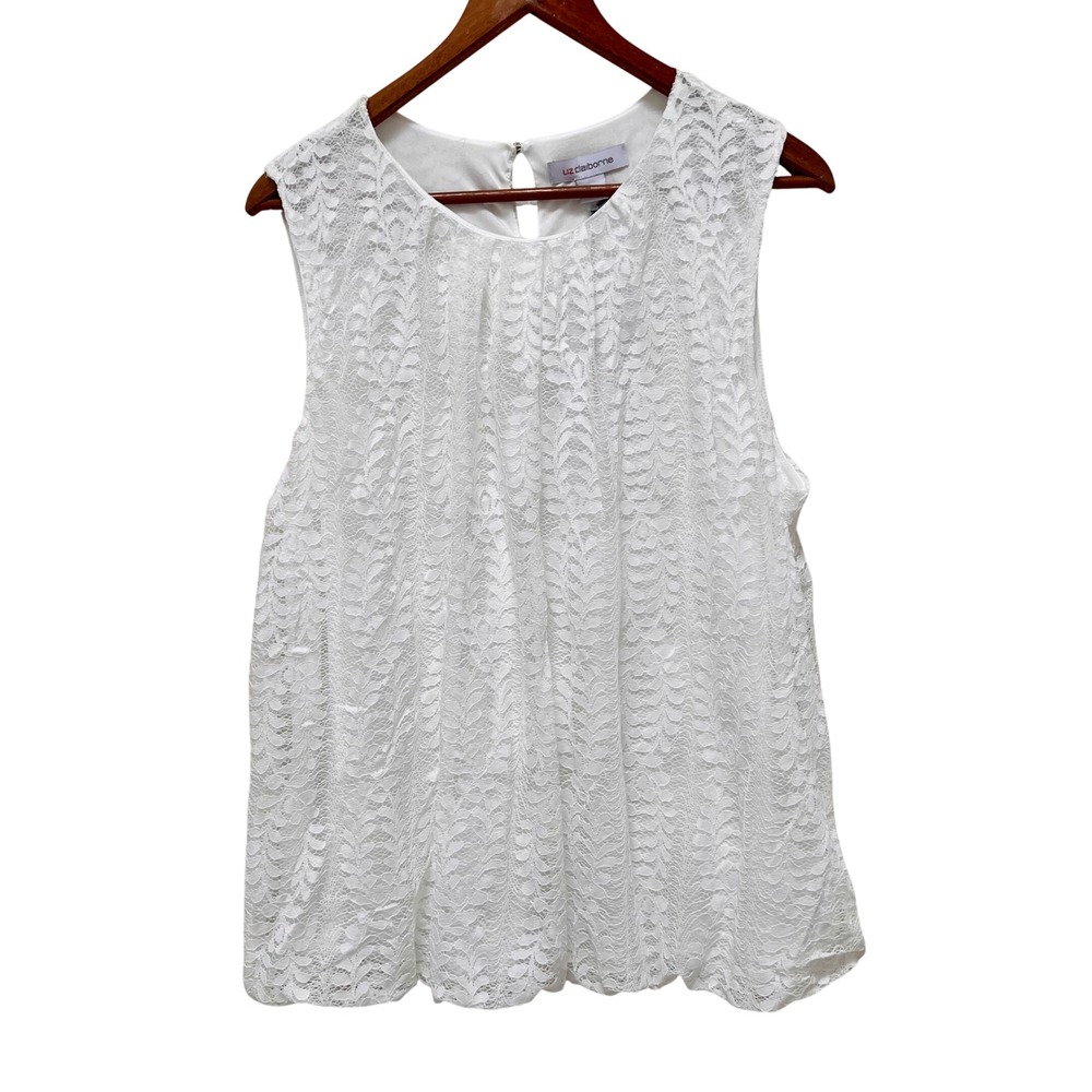 Liz Claiborne Womens XL White Floral Lace Lined Sleeveless Bubble Hem Blouse NWT